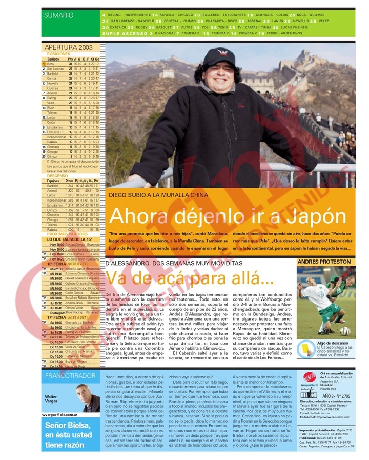 La nota que publicó Olé sobre el viaje a China.