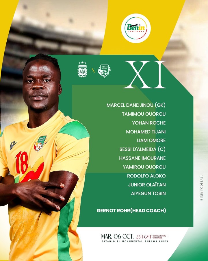 El equipo de Benin para enfrentar a la Selección Argentina.