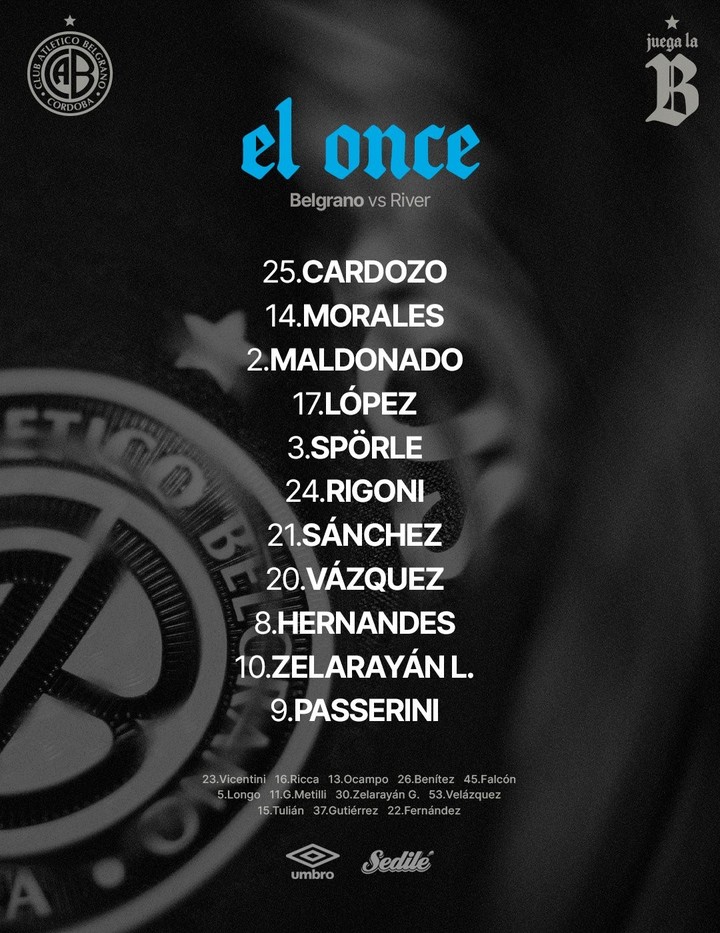 El equipo confirmado de Belgrano para enfrentar a River en Córdoba.