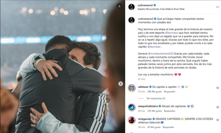 Cuti Romero y el saludo a Messi y Otamendi (Instagram).